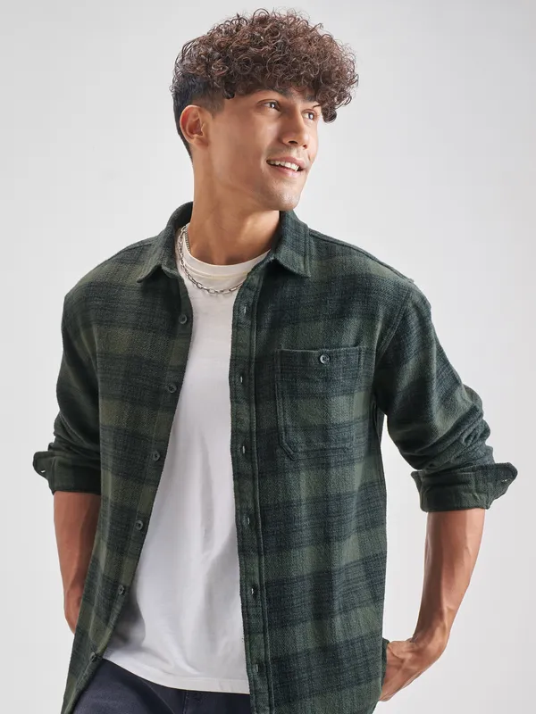 Highlander Men Olive Checked Relaxed Fit Casual Shirt