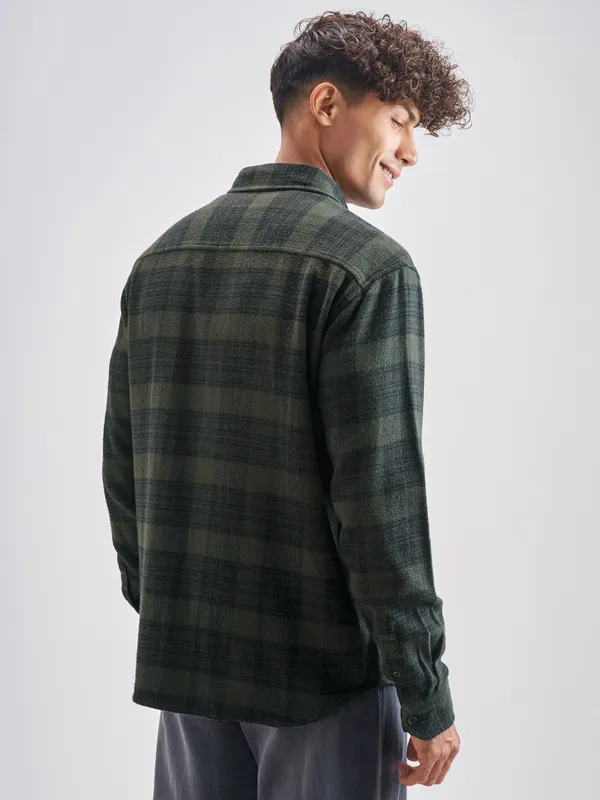Highlander Men Olive Checked Relaxed Fit Casual Shirt