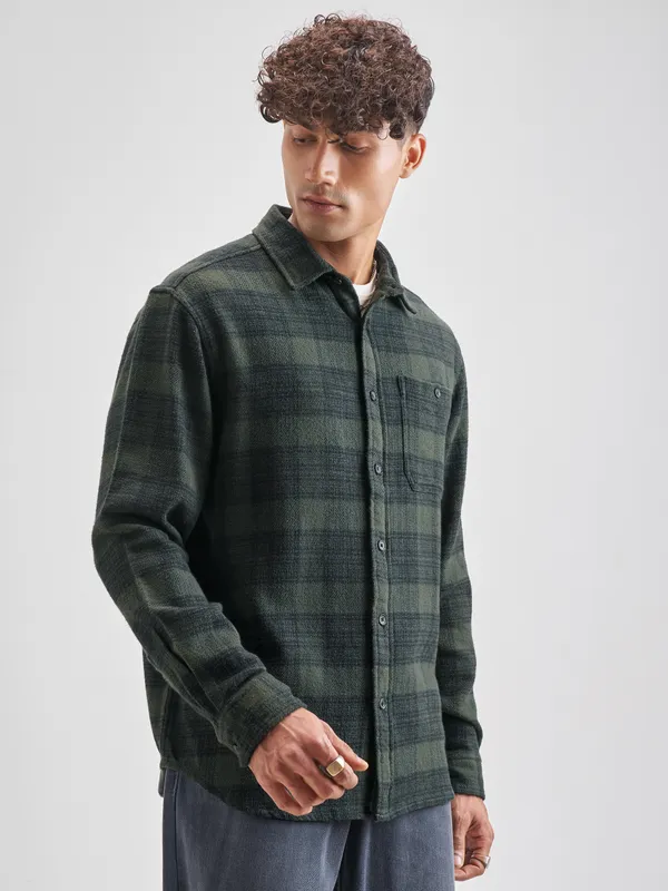 Highlander Men Olive Checked Relaxed Fit Casual Shirt