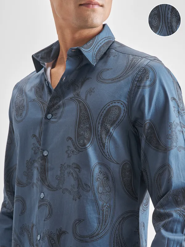 Highlander Men Blue Printed Slim Fit Casual Shirt