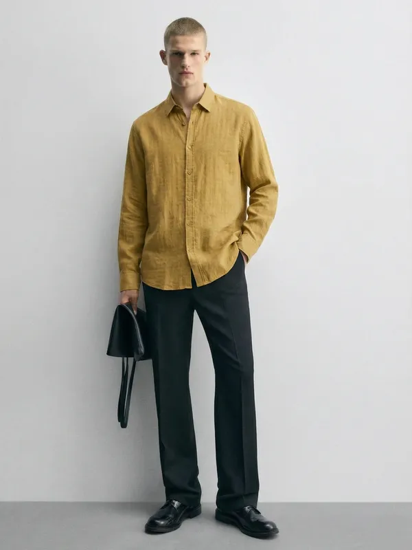 Highlander Men Mustard Self Design Relaxed Fit Casual Shirt