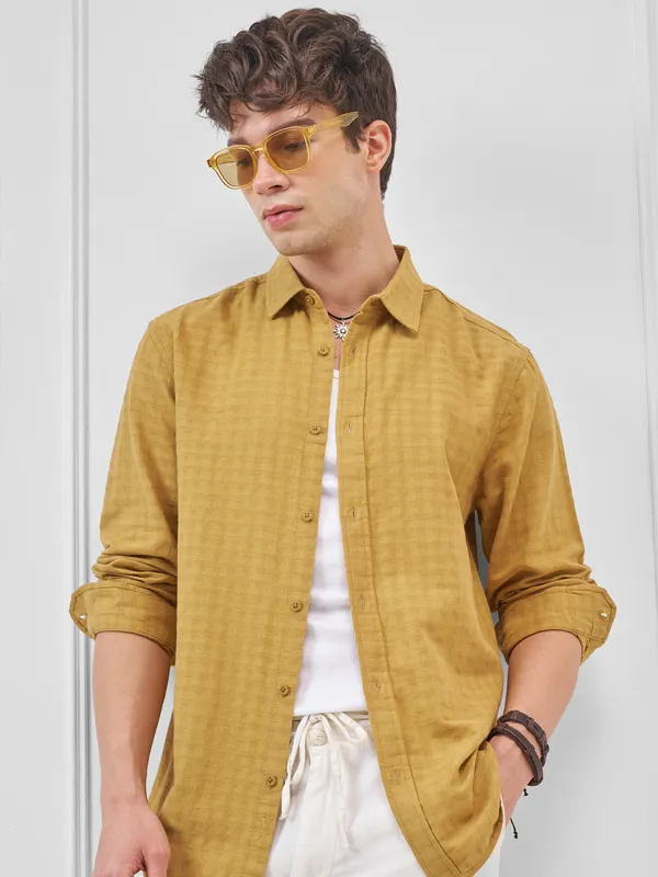 Highlander Men Mustard Self Design Relaxed Fit Casual Shirt