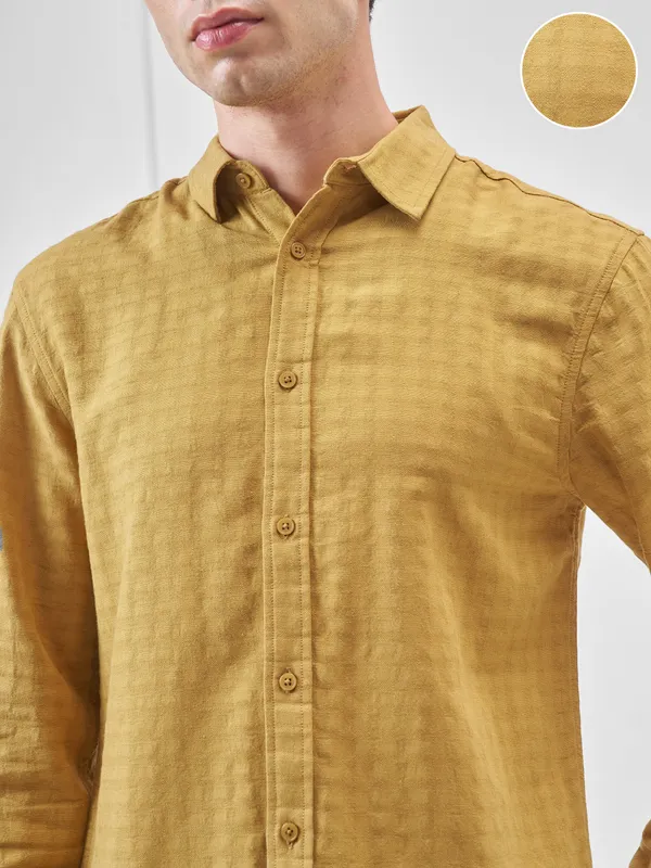 Highlander Men Mustard Self Design Relaxed Fit Casual Shirt