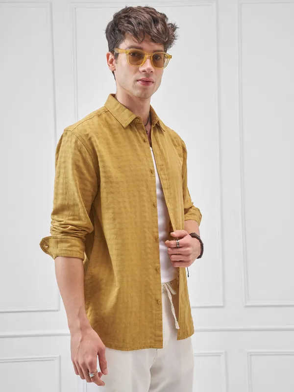 Highlander Men Mustard Self Design Relaxed Fit Casual Shirt