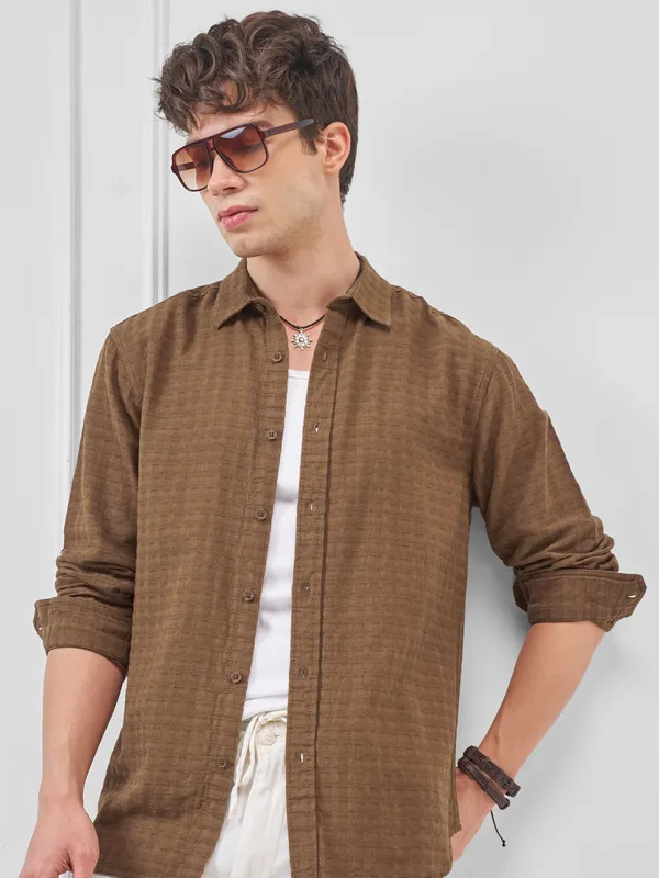 Highlander Men Brown Self Design Relaxed Fit Casual Shirt