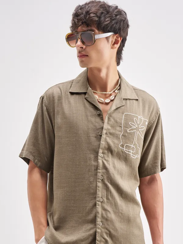 Highlander Men Tan Embroidered Relaxed Fit Casual Shirt