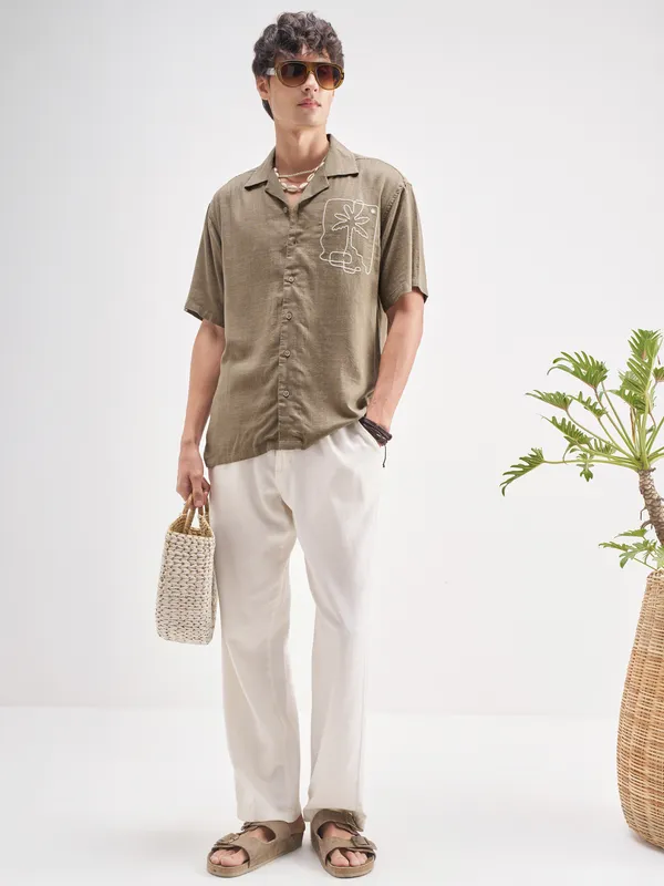 Highlander Men Tan Embroidered Relaxed Fit Casual Shirt