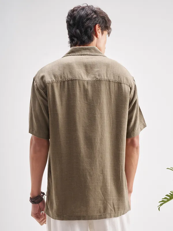 Highlander Men Tan Embroidered Relaxed Fit Casual Shirt