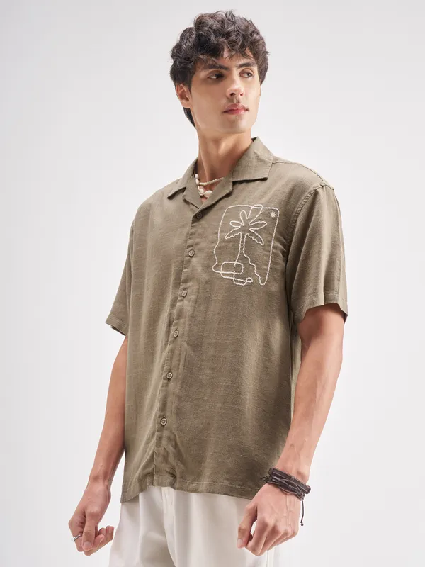 Highlander Men Tan Embroidered Relaxed Fit Casual Shirt