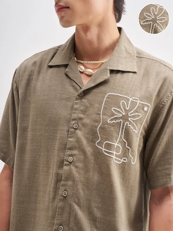 Highlander Men Tan Embroidered Relaxed Fit Casual Shirt