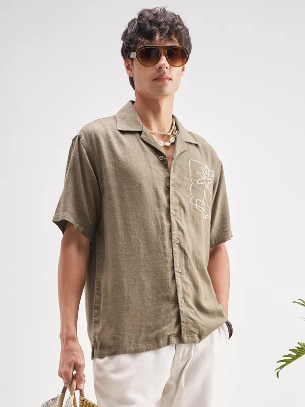 Highlander Men Tan Embroidered Relaxed Fit Casual Shirt