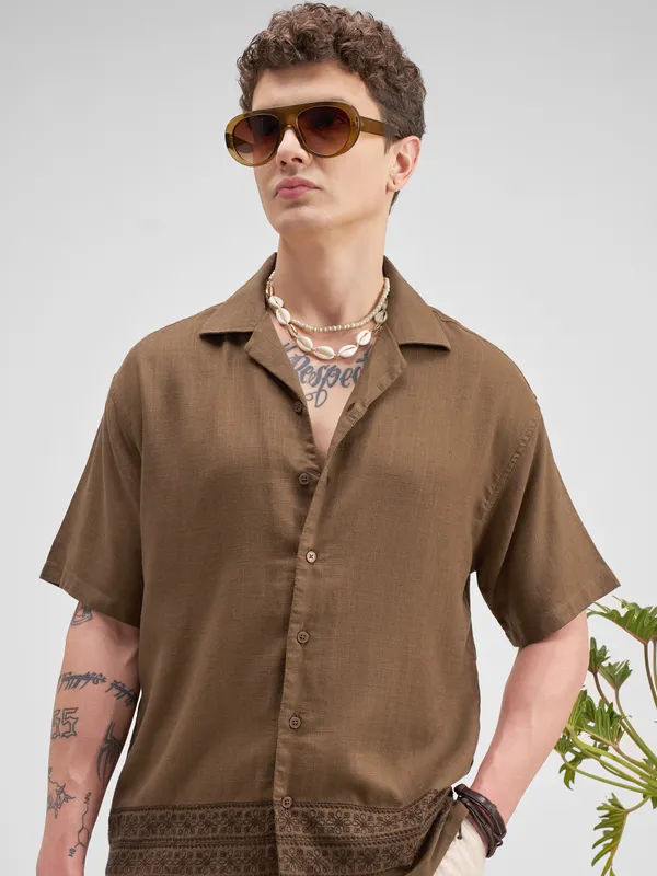 Highlander Men Brown Embroidered Relaxed Fit Casual Shirt