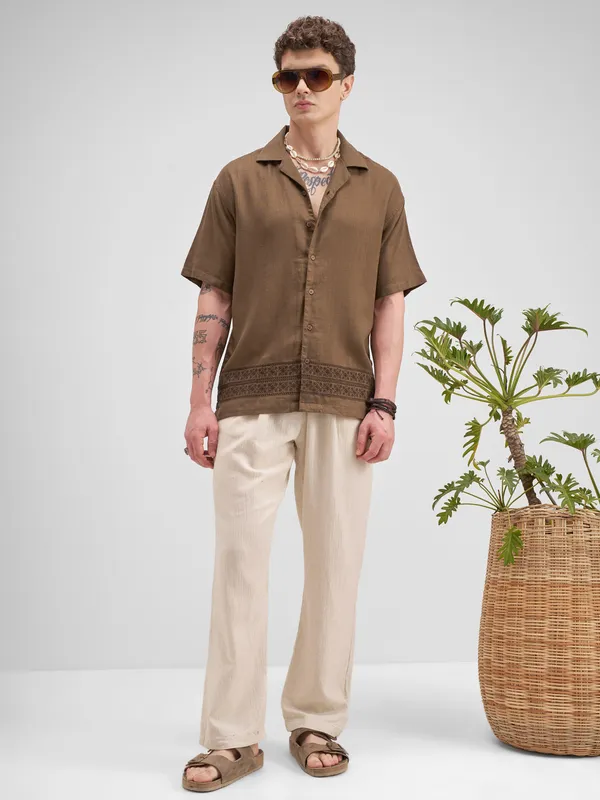 Highlander Men Brown Embroidered Relaxed Fit Casual Shirt