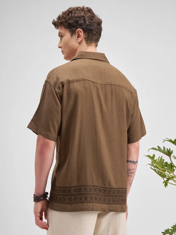 Highlander Men Brown Embroidered Relaxed Fit Casual Shirt