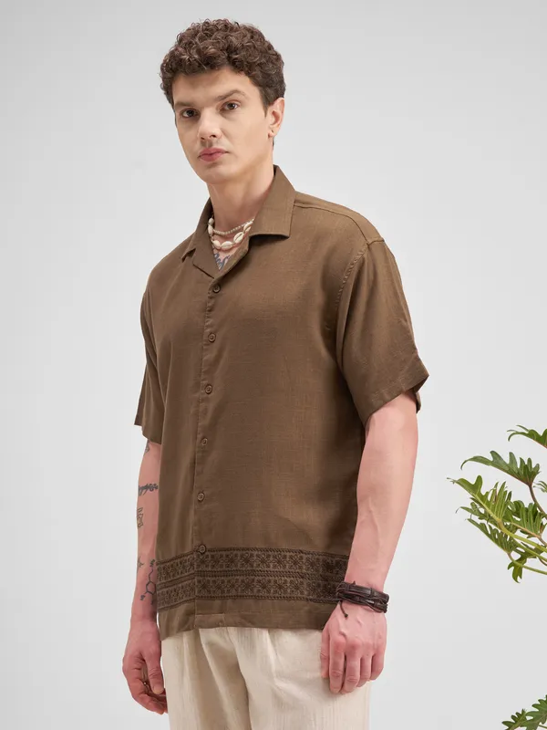 Highlander Men Brown Embroidered Relaxed Fit Casual Shirt