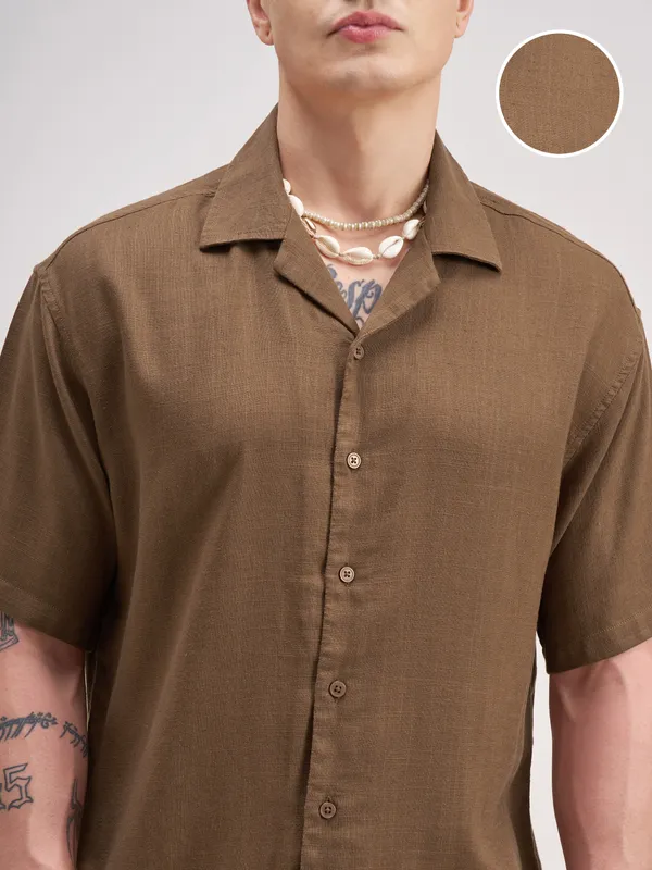 Highlander Men Brown Embroidered Relaxed Fit Casual Shirt