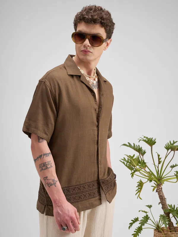 Highlander Men Brown Embroidered Relaxed Fit Casual Shirt