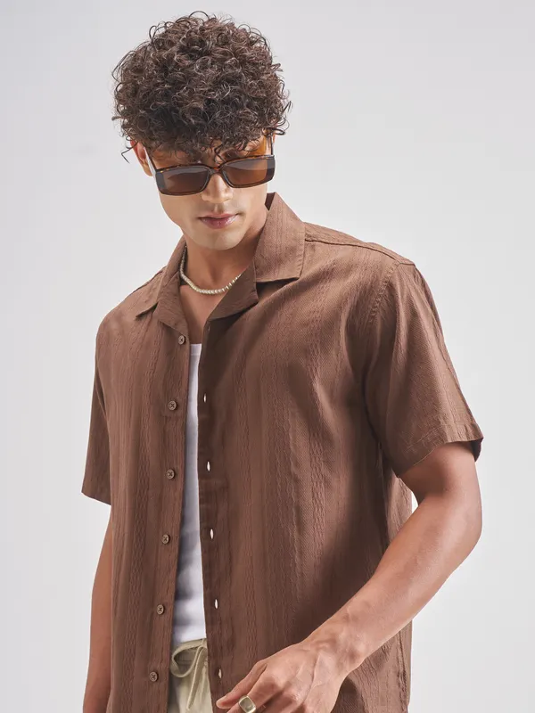 Highlander Men Brown Self Design Relaxed Fit Casual Shirt
