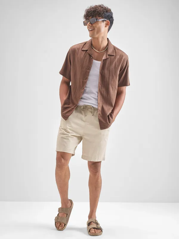 Highlander Men Brown Self Design Relaxed Fit Casual Shirt