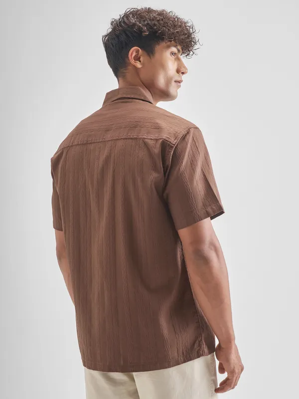 Highlander Men Brown Self Design Relaxed Fit Casual Shirt