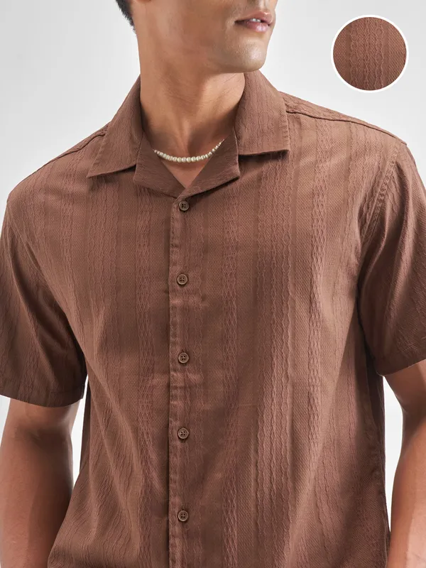 Highlander Men Brown Self Design Relaxed Fit Casual Shirt