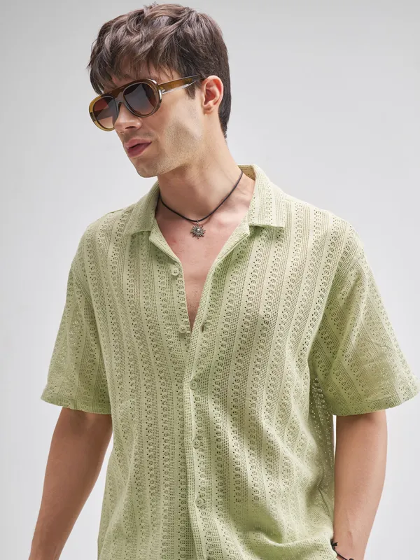 Highlander Men Green Self Design Relaxed Fit Casual Shirt