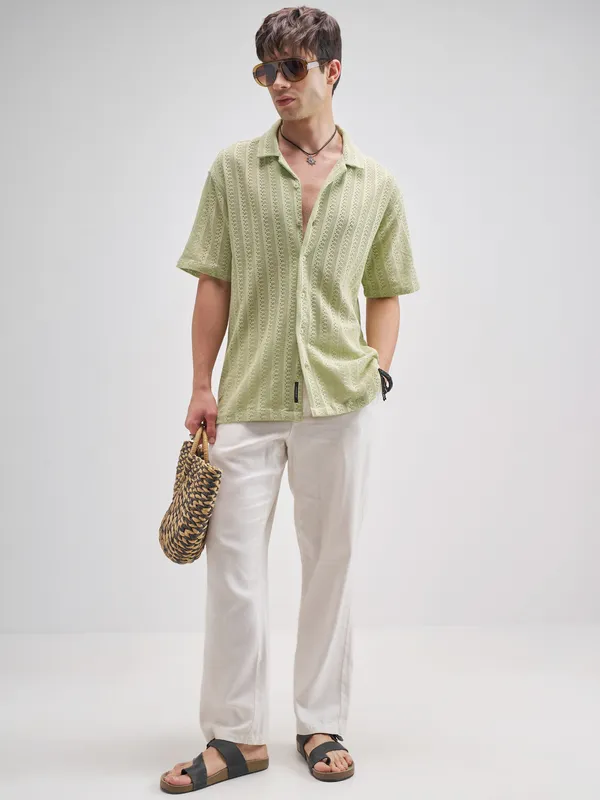 Highlander Men Green Self Design Relaxed Fit Casual Shirt