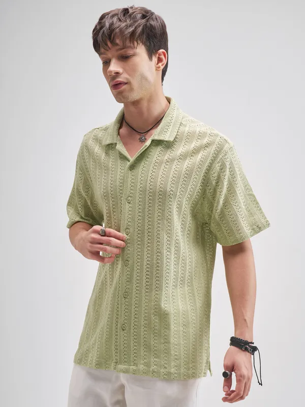 Highlander Men Green Self Design Relaxed Fit Casual Shirt