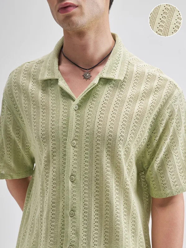 Highlander Men Green Self Design Relaxed Fit Casual Shirt