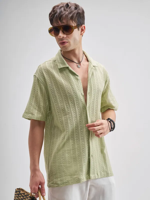 Highlander Men Green Self Design Relaxed Fit Casual Shirt