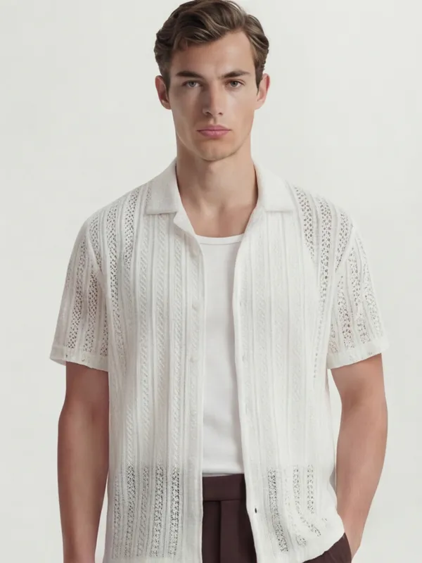 Highlander Men White Self Design Relaxed Fit Casual Shirt