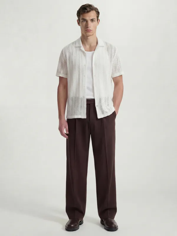 Highlander Men White Self Design Relaxed Fit Casual Shirt