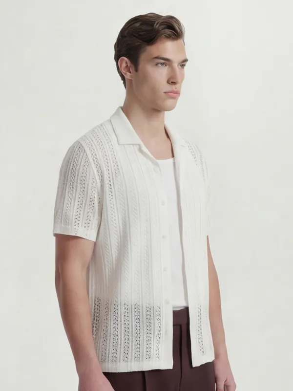 Highlander Men White Self Design Relaxed Fit Casual Shirt