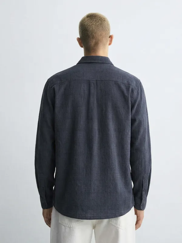 Highlander Men Navy Blue Self Design Relaxed Fit Casual Shirt