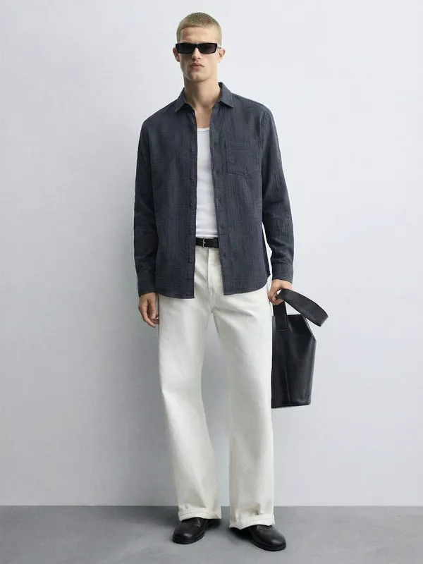 Highlander Men Navy Blue Self Design Relaxed Fit Casual Shirt