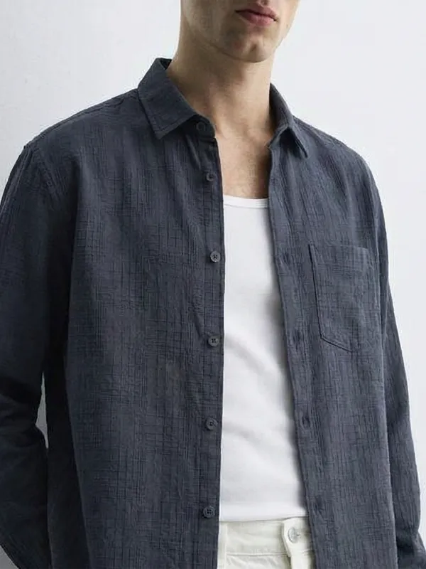 Highlander Men Navy Blue Self Design Relaxed Fit Casual Shirt