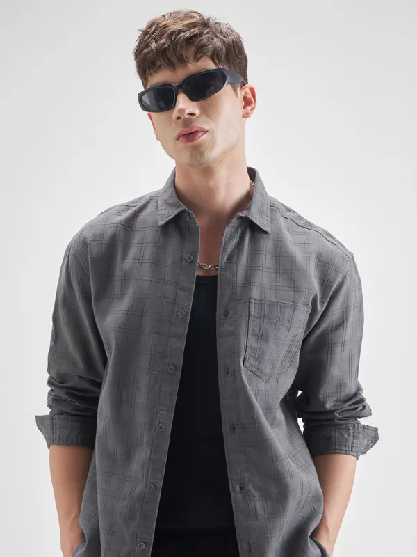 Highlander Men Grey Checked Relaxed Fit Casual Shirt