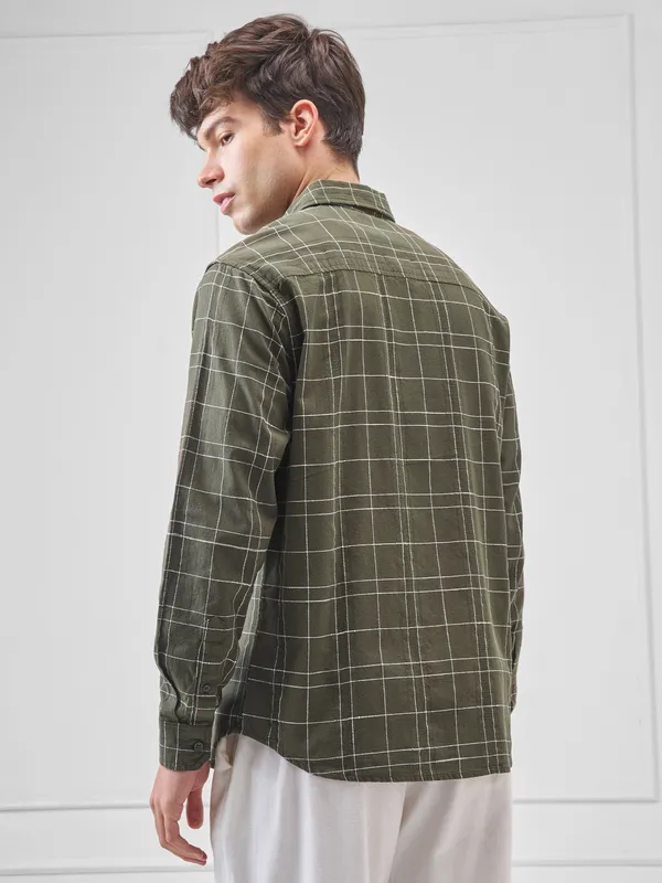 Highlander Men Olive Checked Relaxed Fit Casual Shirt