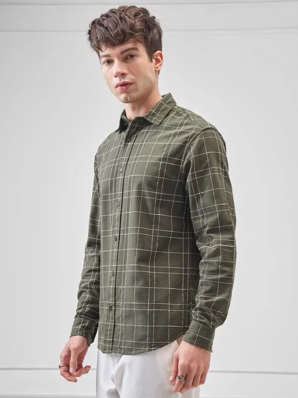 Highlander Men Olive Checked Relaxed Fit Casual Shirt