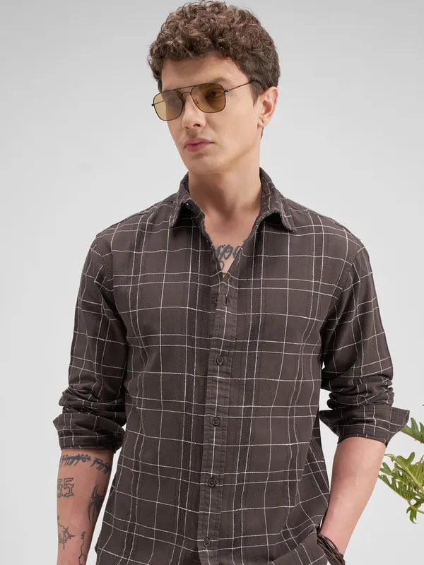Highlander Men Brown Checked Regular Fit Casual Shirt