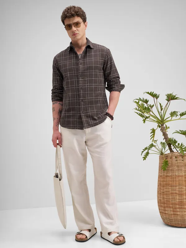 Highlander Men Brown Checked Regular Fit Casual Shirt