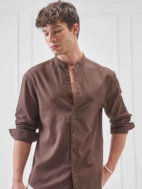 Highlander Men Brown Striped Relaxed Fit Casual Shirt