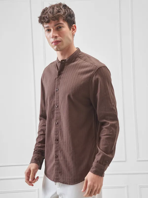 Highlander Men Brown Striped Relaxed Fit Casual Shirt