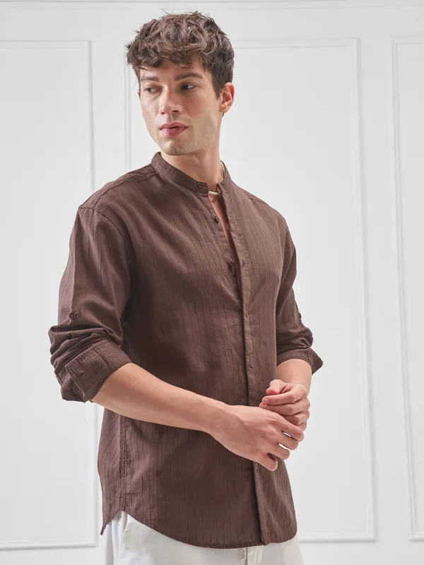 Highlander Men Brown Striped Relaxed Fit Casual Shirt
