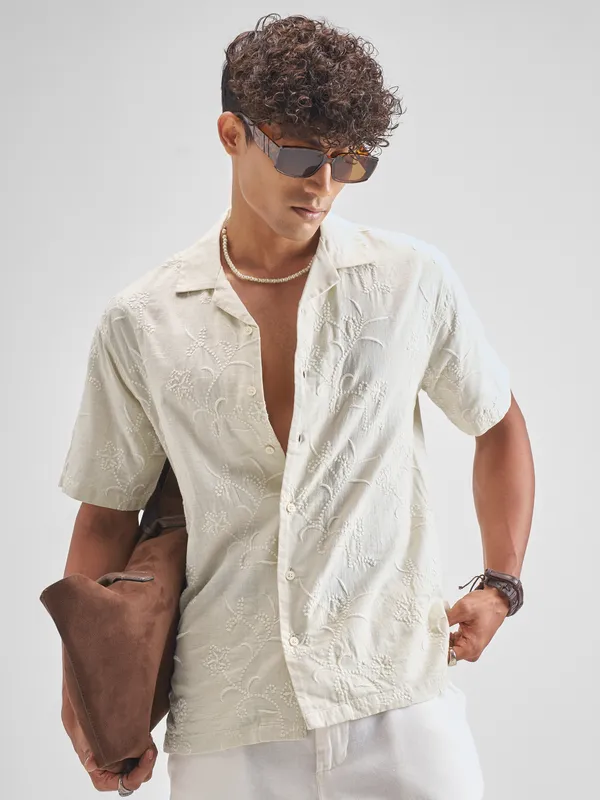 Highlander Men Cream Embroidered Relaxed Fit Casual Shirt