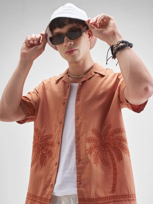 Highlander Men Rust Embroidered Relaxed Fit Casual Shirt