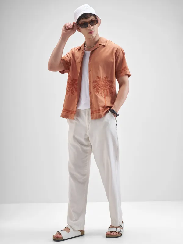 Highlander Men Rust Embroidered Relaxed Fit Casual Shirt