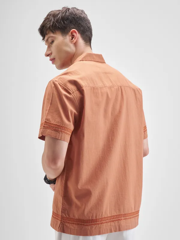 Highlander Men Rust Embroidered Relaxed Fit Casual Shirt