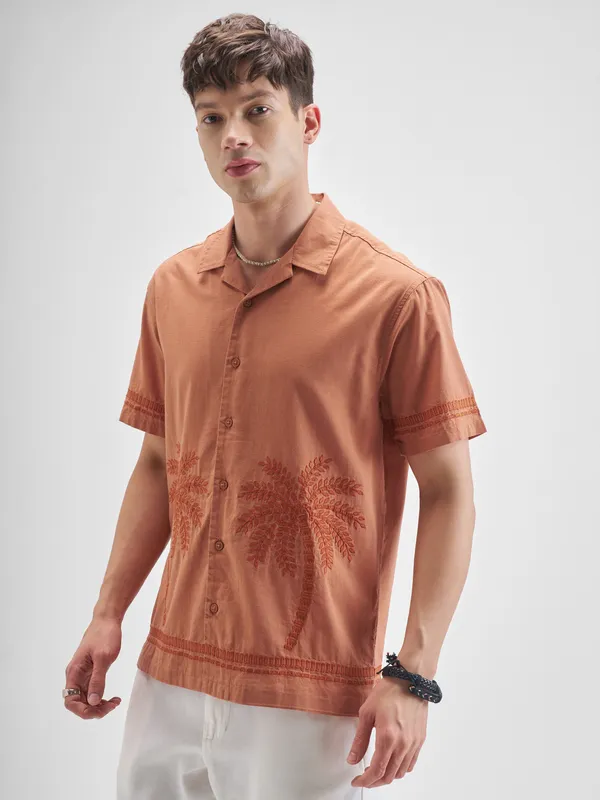 Highlander Men Rust Embroidered Relaxed Fit Casual Shirt