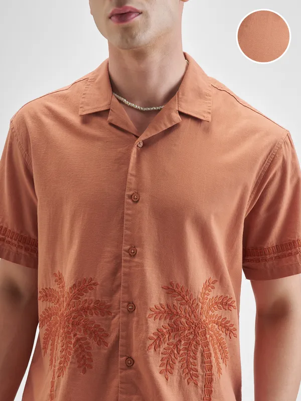 Highlander Men Rust Embroidered Relaxed Fit Casual Shirt